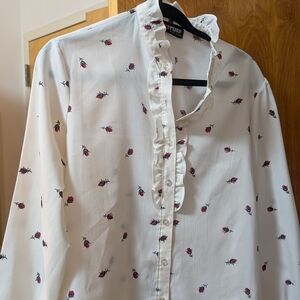 White Ruffle Collar Shirt with Red and Black Pattern